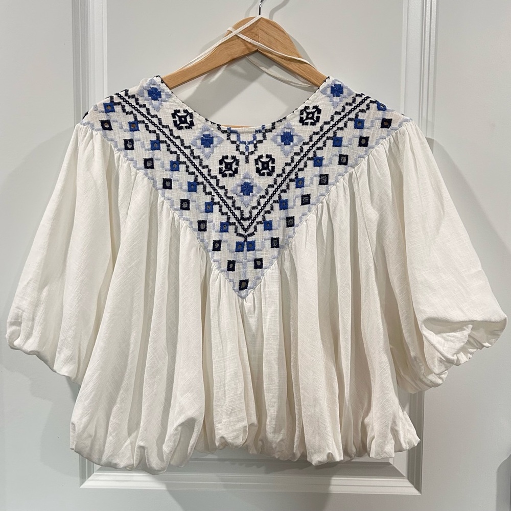 Free People Ivory Blouse with Navy Embroidery - Picture 4 of 11